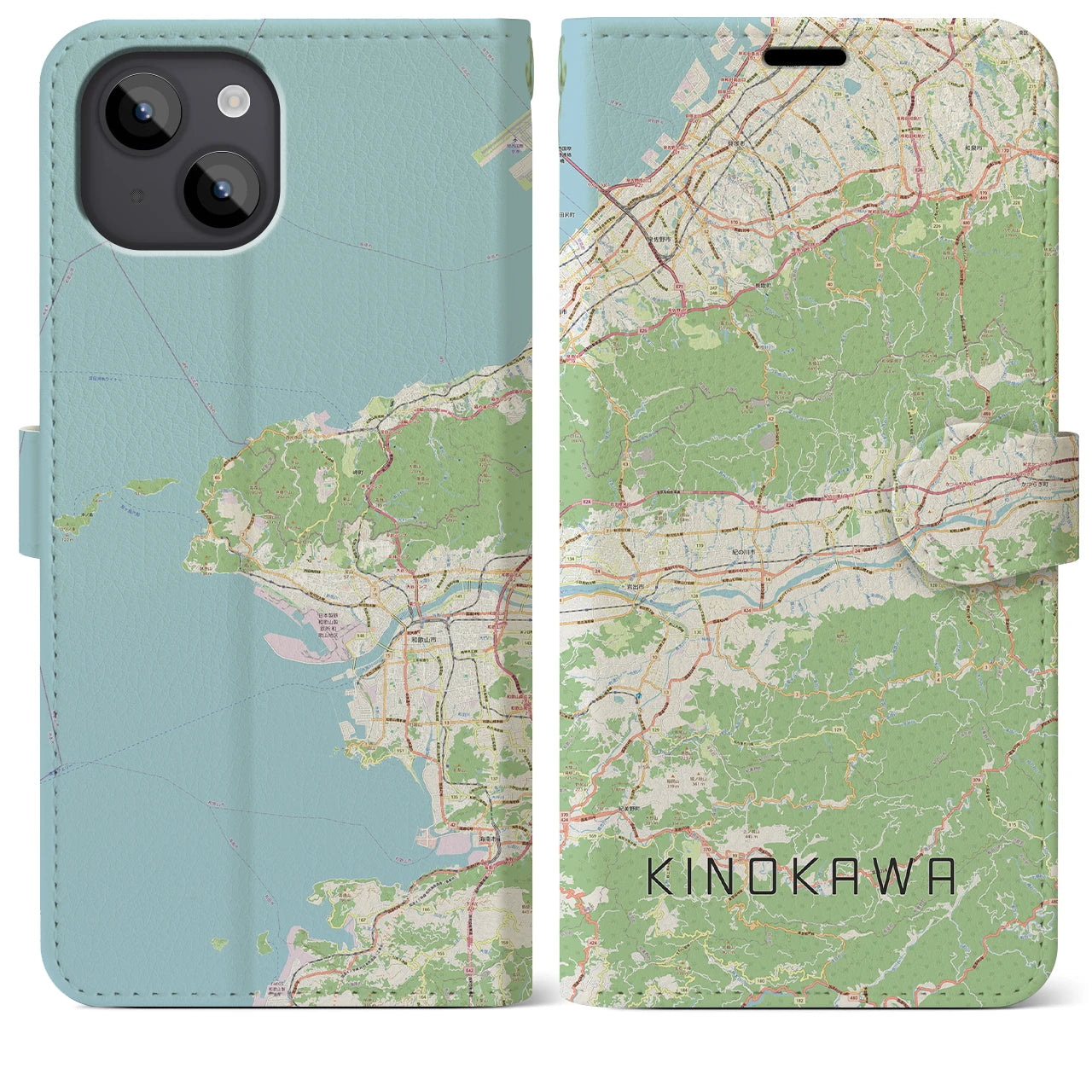 【紀の川(和歌山県)】地図柄iPhoneケース(手帳タイプ)ナチュラル・iPhone 14 Plus 用
