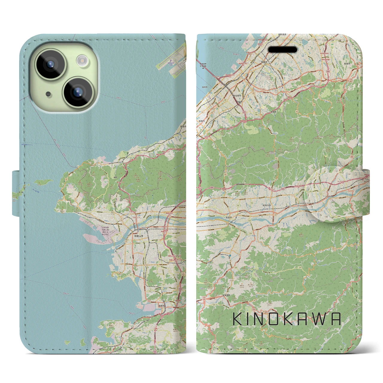 【紀の川(和歌山県)】地図柄iPhoneケース(手帳タイプ)ナチュラル・iPhone 15 用