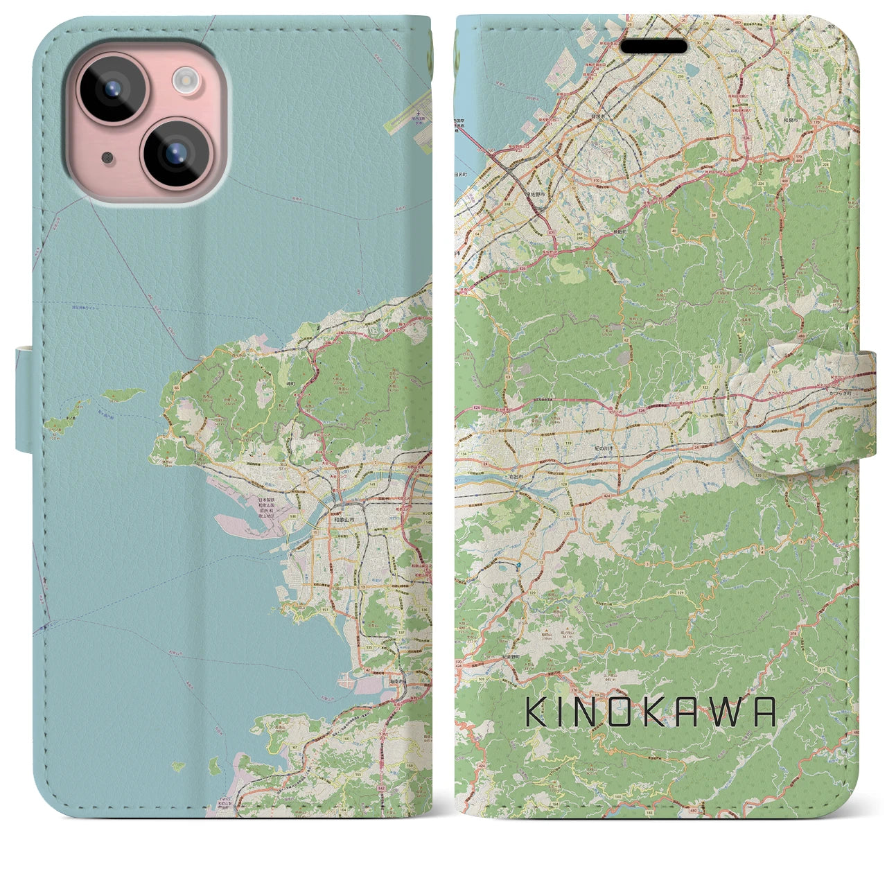 【紀の川(和歌山県)】地図柄iPhoneケース(手帳タイプ)ナチュラル・iPhone 15 Plus 用
