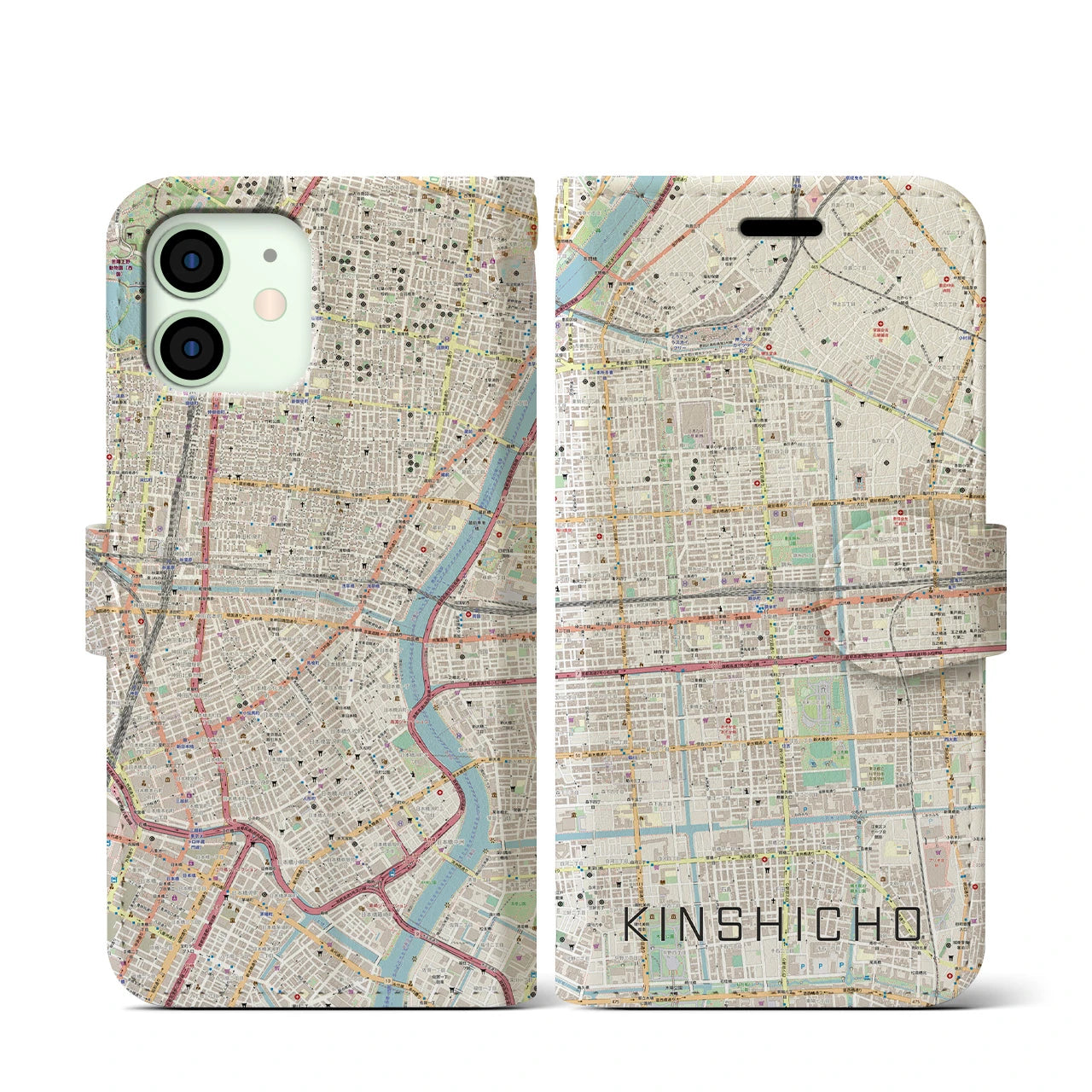 【錦糸町(東京都)】地図柄iPhoneケース(手帳タイプ)ナチュラル・iPhone 12 mini 用