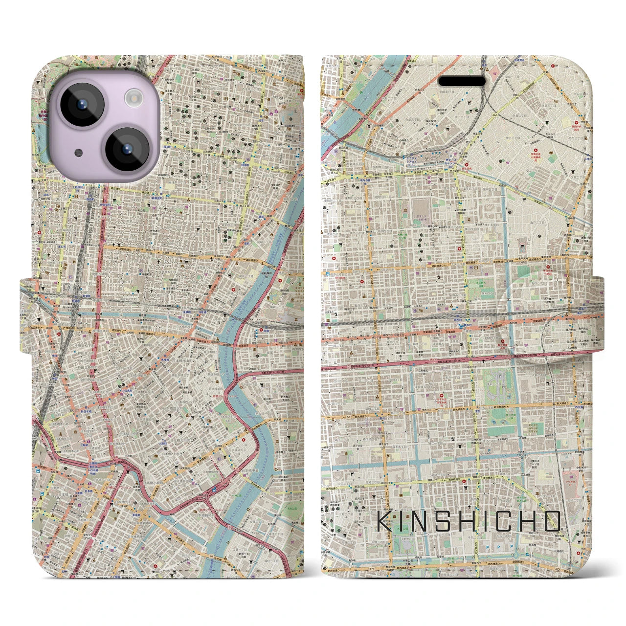【錦糸町(東京都)】地図柄iPhoneケース(手帳タイプ)ナチュラル・iPhone 14 用