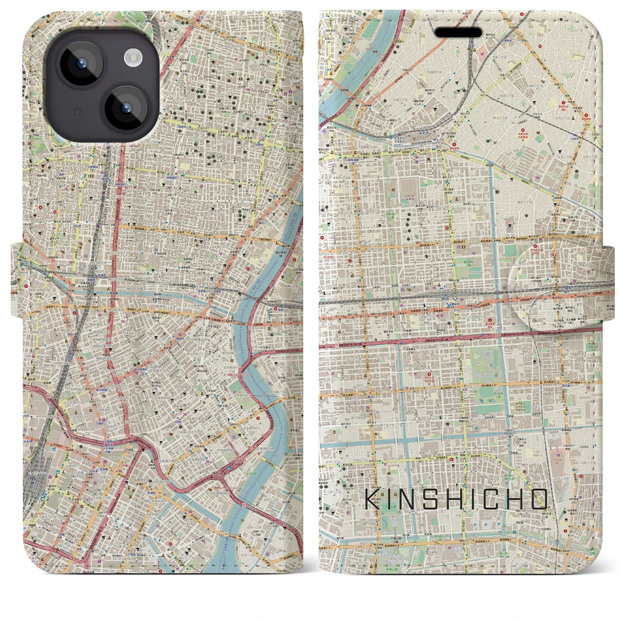 【錦糸町(東京都)】地図柄iPhoneケース(手帳タイプ)ナチュラル・iPhone 14 Plus 用