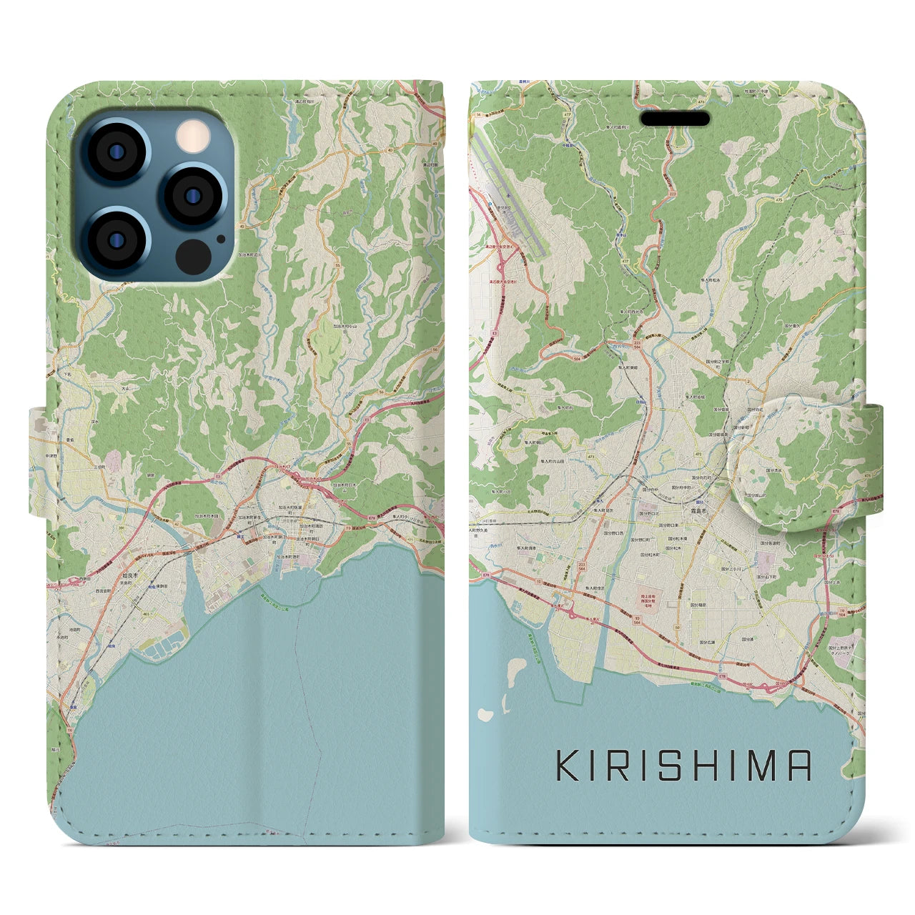 【霧島(鹿児島県)】地図柄iPhoneケース(手帳タイプ)ナチュラル・iPhone 12 / 12 Pro 用