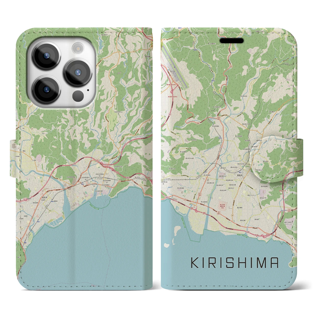 【霧島(鹿児島県)】地図柄iPhoneケース(手帳タイプ)ナチュラル・iPhone 14 Pro 用