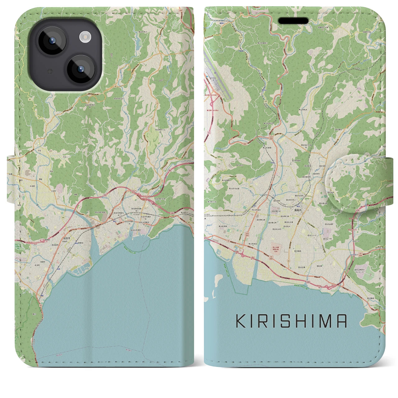 【霧島(鹿児島県)】地図柄iPhoneケース(手帳タイプ)ナチュラル・iPhone 14 Plus 用