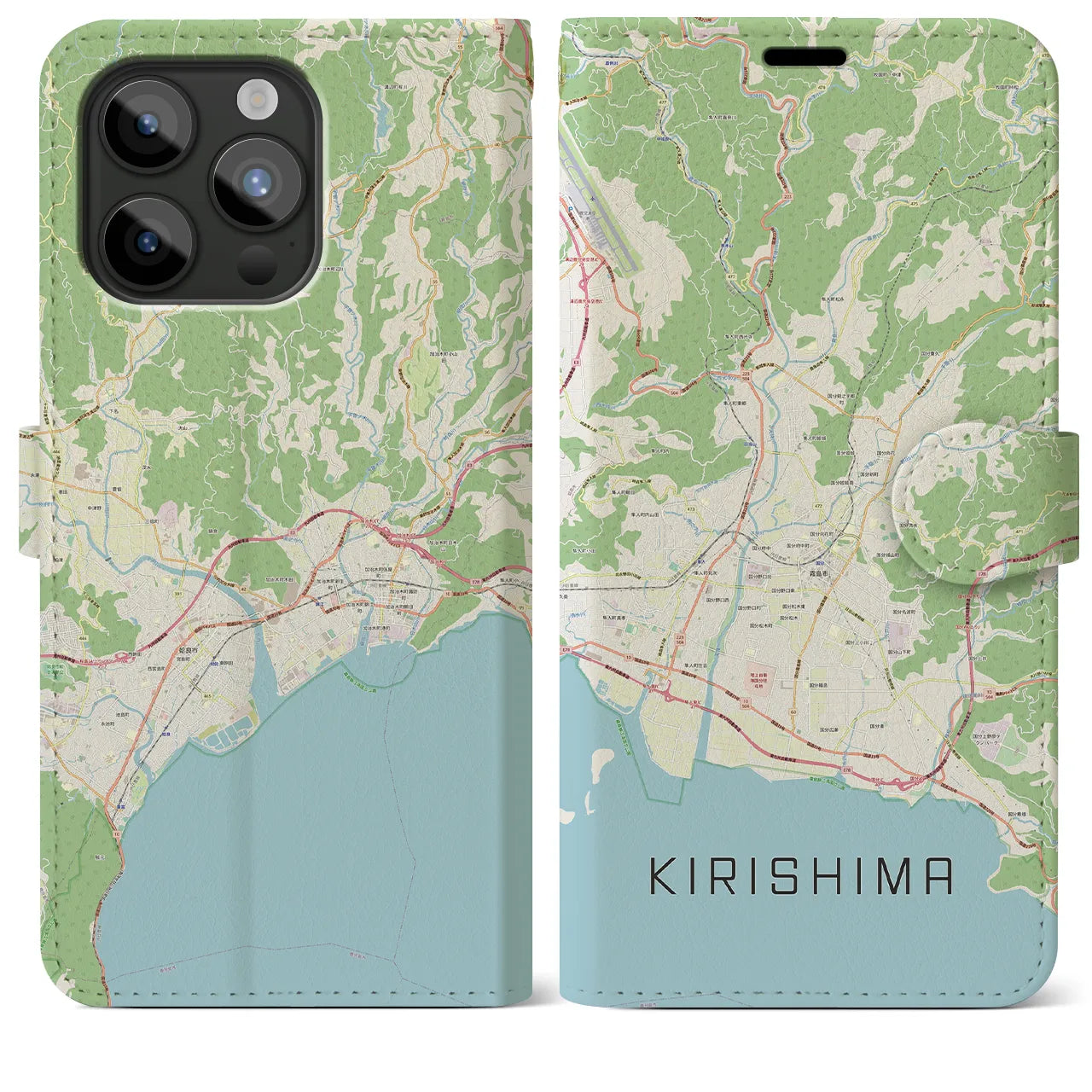 【霧島(鹿児島県)】地図柄iPhoneケース(手帳タイプ)ナチュラル・iPhone 15 Pro Max 用