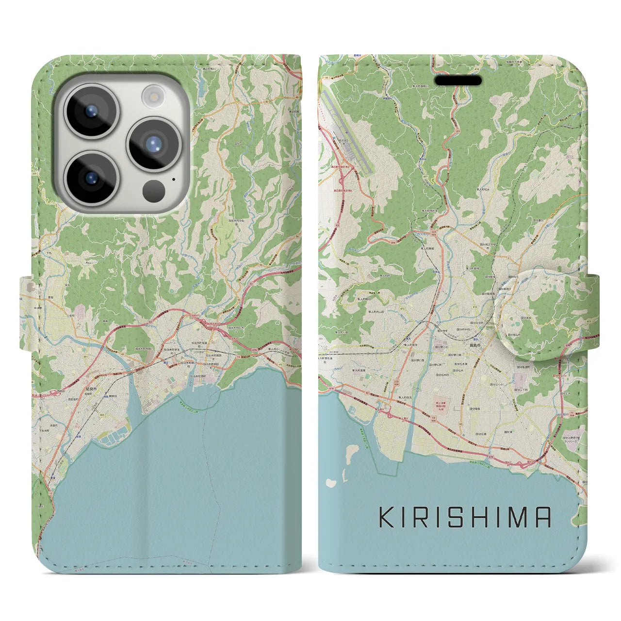 【霧島(鹿児島県)】地図柄iPhoneケース(手帳タイプ)ナチュラル・iPhone 15 Pro 用