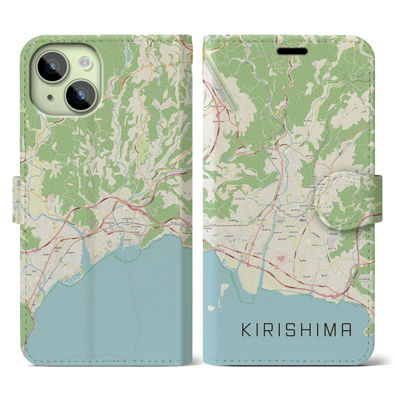 【霧島(鹿児島県)】地図柄iPhoneケース(手帳タイプ)ナチュラル・iPhone 15 用
