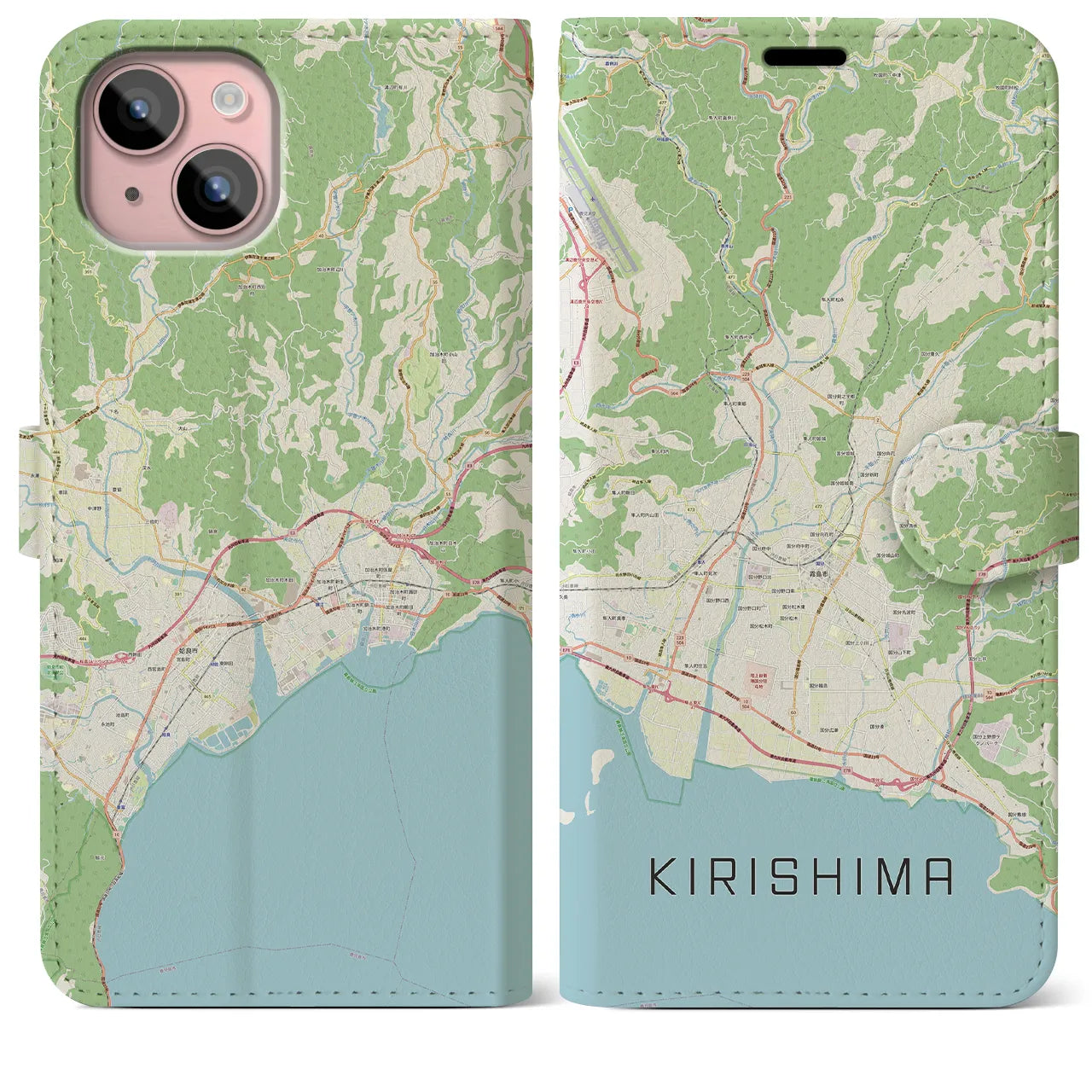 【霧島(鹿児島県)】地図柄iPhoneケース(手帳タイプ)ナチュラル・iPhone 15 Plus 用