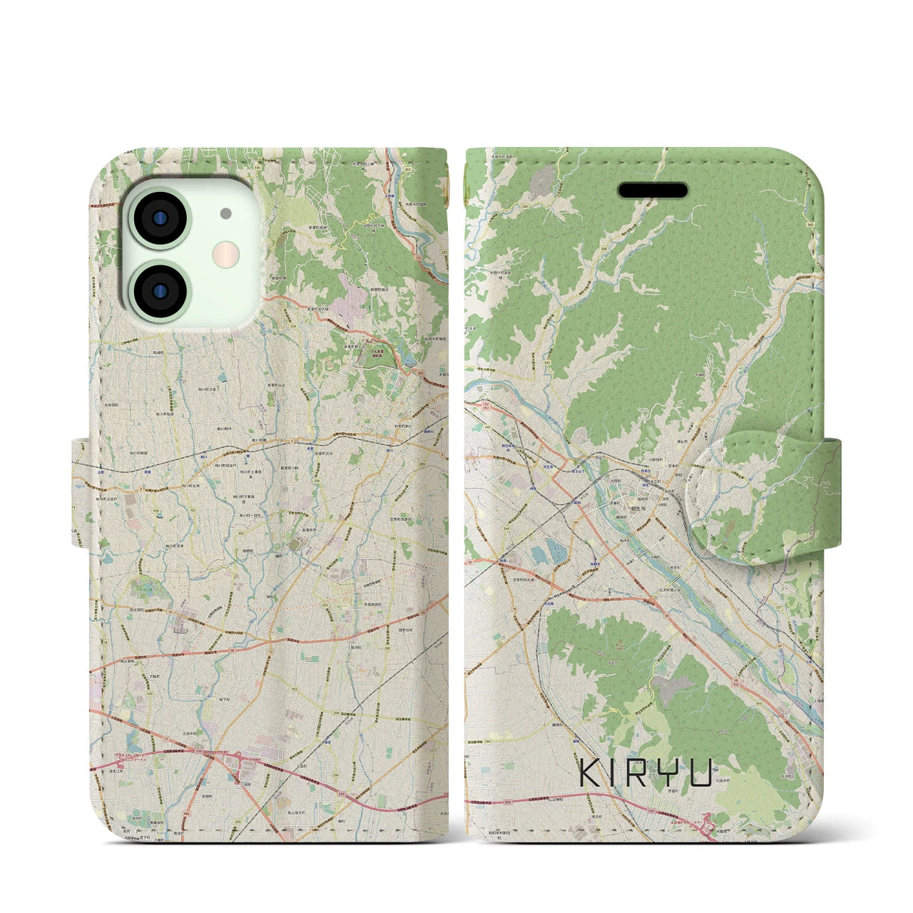 【桐生(群馬県)】地図柄iPhoneケース(手帳タイプ)ナチュラル・iPhone 12 mini 用