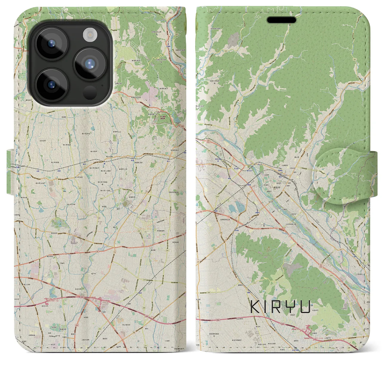【桐生(群馬県)】地図柄iPhoneケース(手帳タイプ)ナチュラル・iPhone 15 Pro Max 用