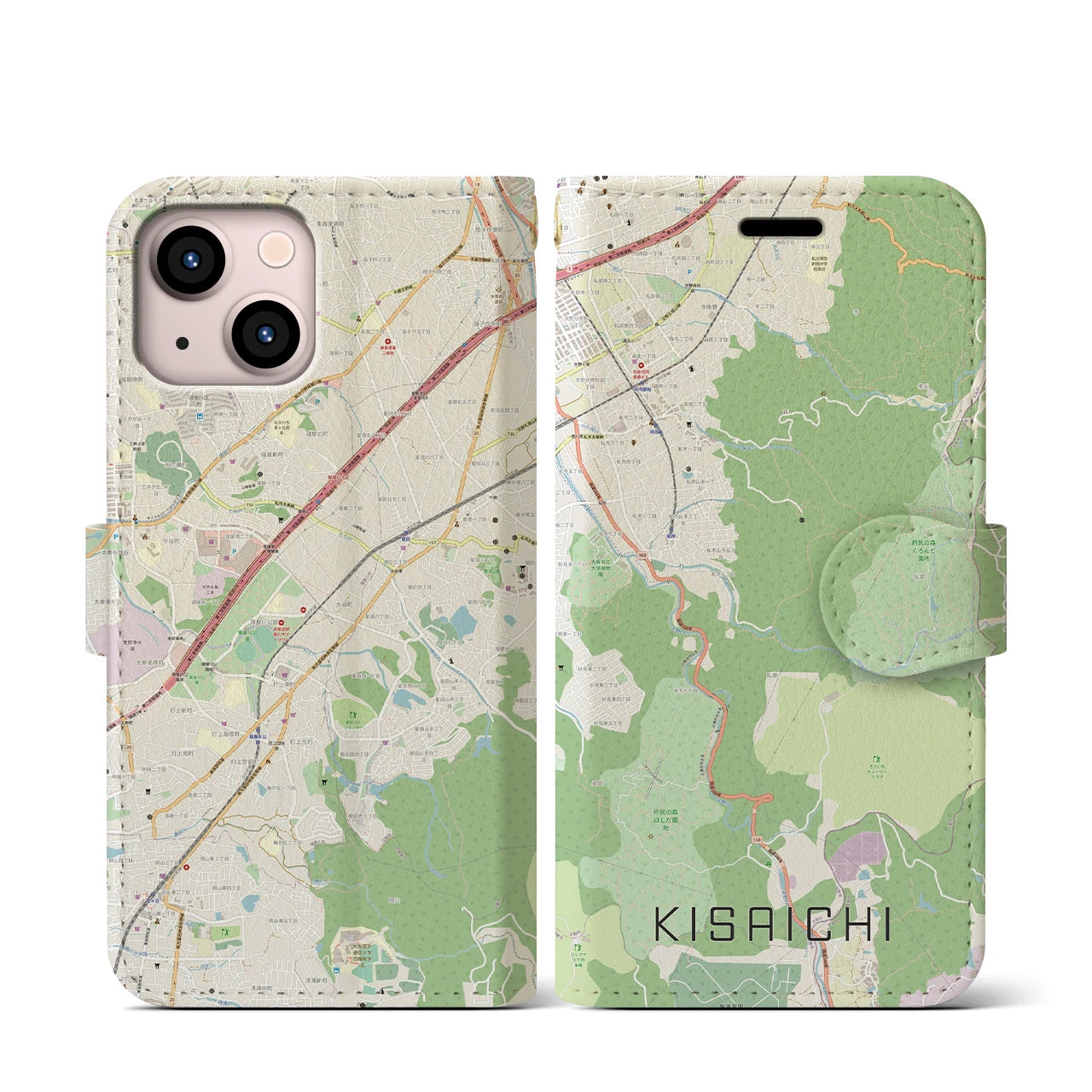 【私市(大阪府)】地図柄iPhoneケース(手帳タイプ)ナチュラル・iPhone 13 mini 用