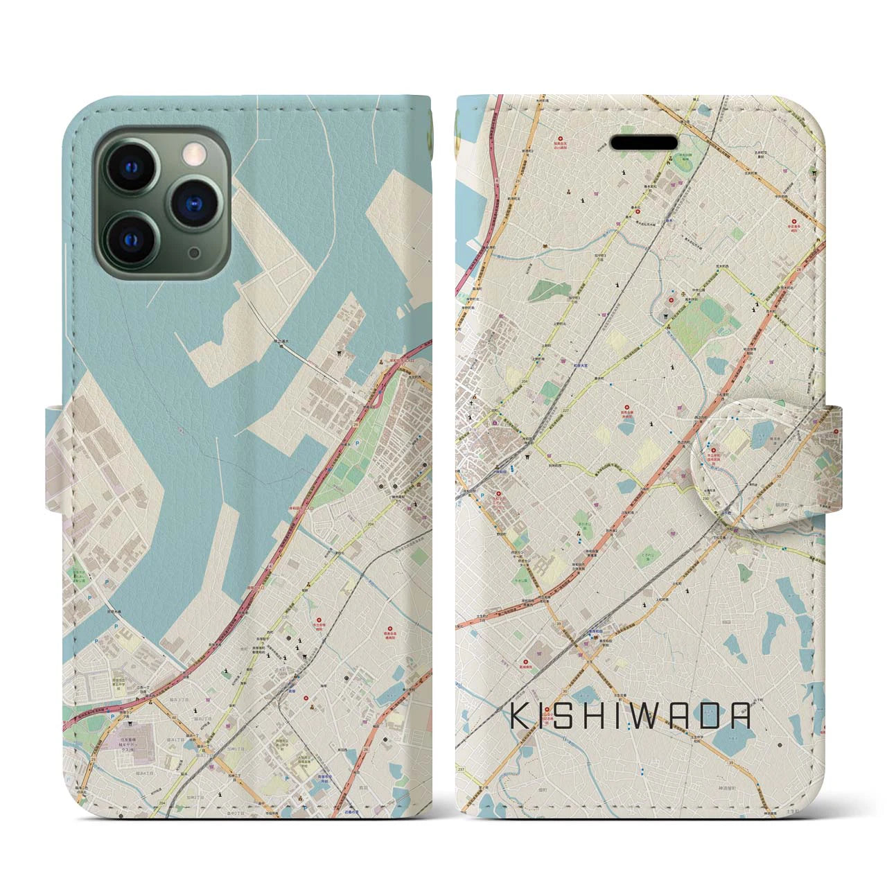 【岸和田(大阪府)】地図柄iPhoneケース(手帳タイプ)ナチュラル・iPhone 11 Pro 用