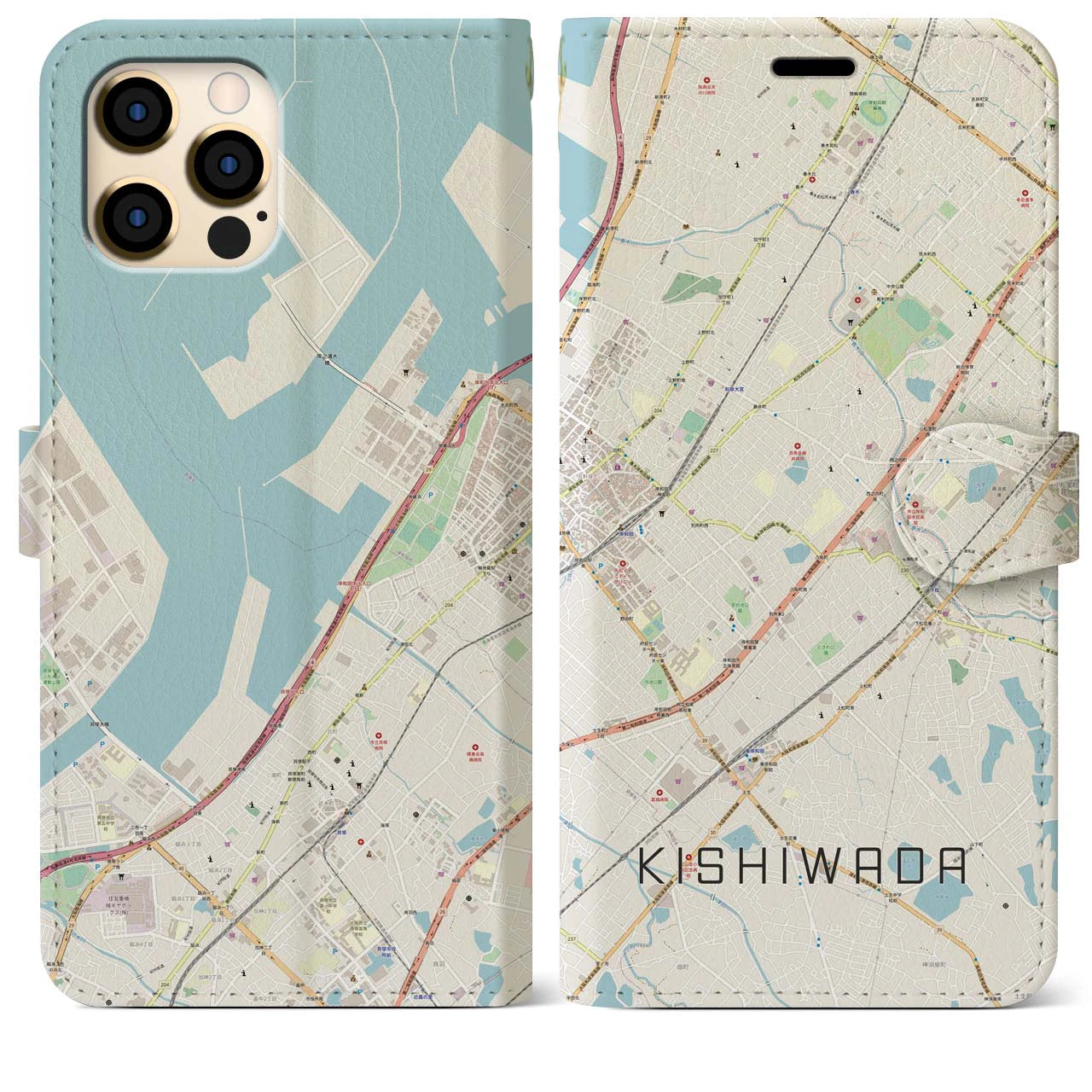 【岸和田(大阪府)】地図柄iPhoneケース(手帳タイプ)ナチュラル・iPhone 12 Pro Max 用