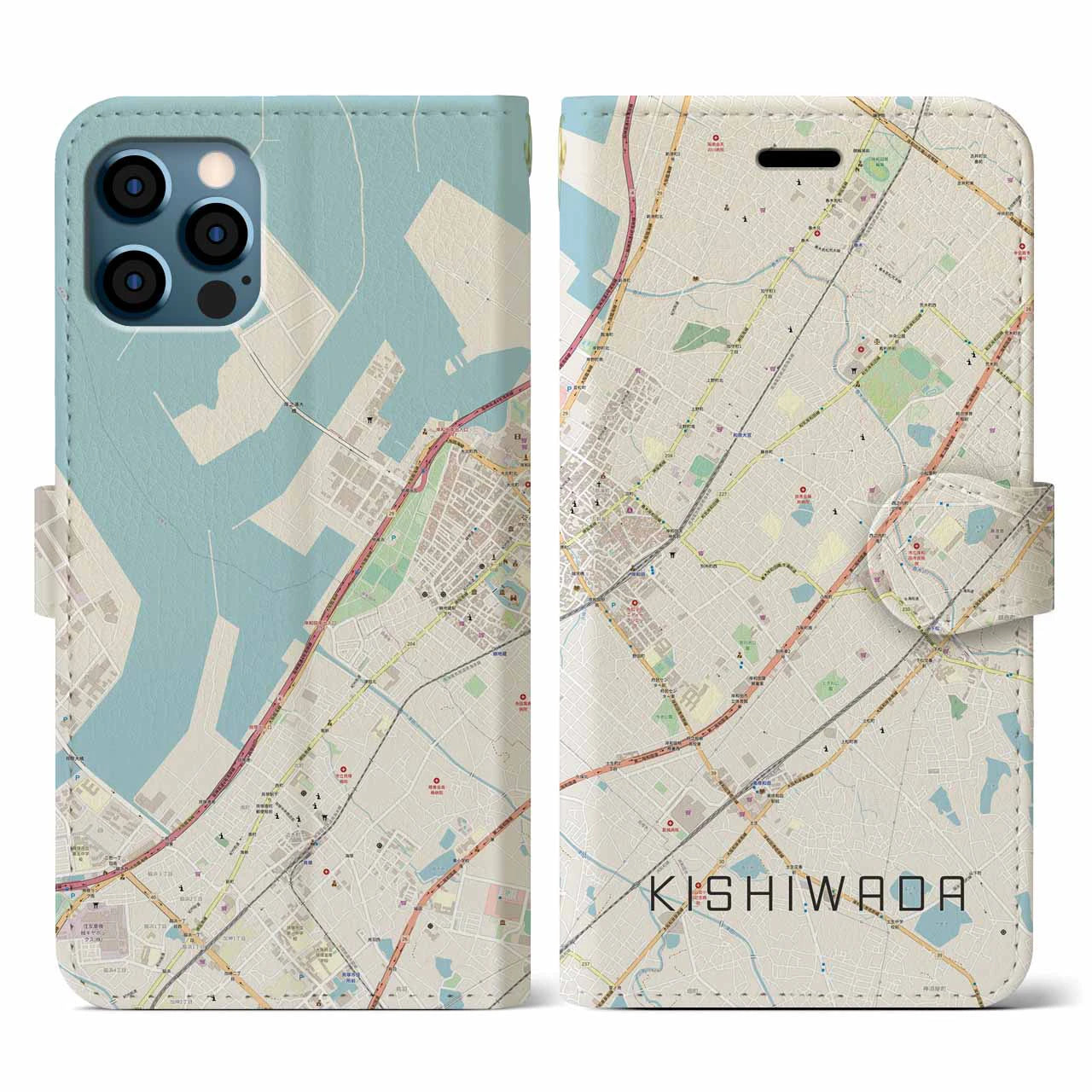 【岸和田(大阪府)】地図柄iPhoneケース(手帳タイプ)ナチュラル・iPhone 12 / 12 Pro 用