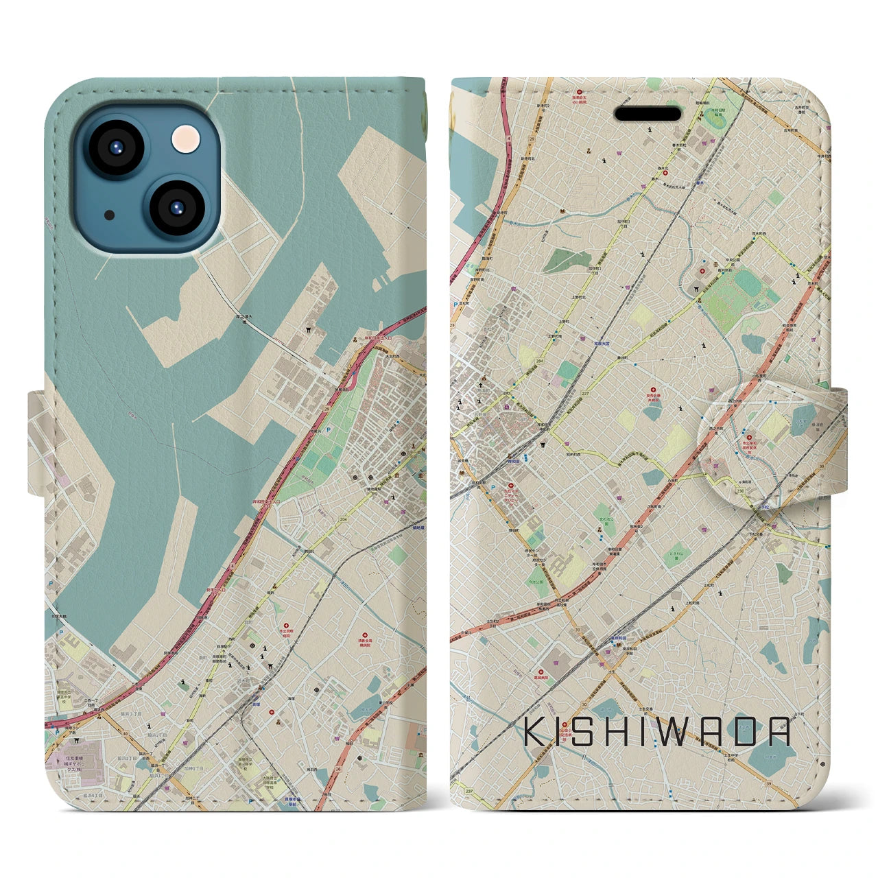 【岸和田(大阪府)】地図柄iPhoneケース(手帳タイプ)ナチュラル・iPhone 13 用