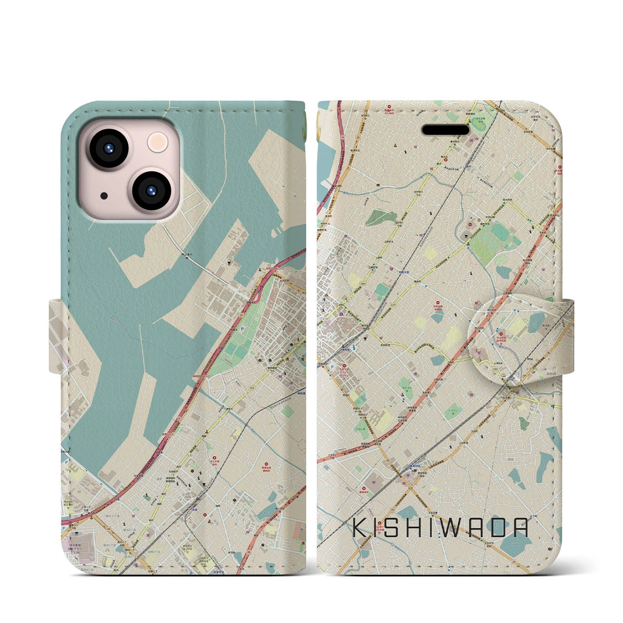 【岸和田(大阪府)】地図柄iPhoneケース(手帳タイプ)ナチュラル・iPhone 13 mini 用