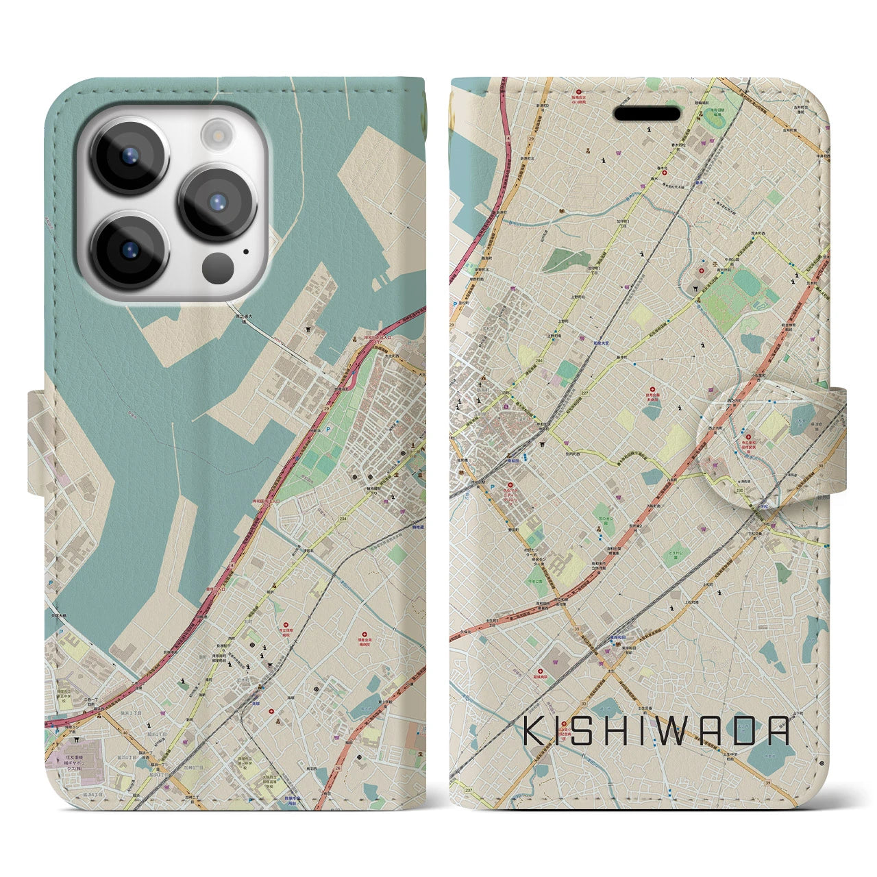【岸和田(大阪府)】地図柄iPhoneケース(手帳タイプ)ナチュラル・iPhone 14 Pro 用