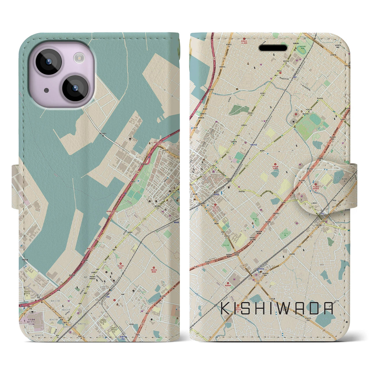 【岸和田(大阪府)】地図柄iPhoneケース(手帳タイプ)ナチュラル・iPhone 14 用
