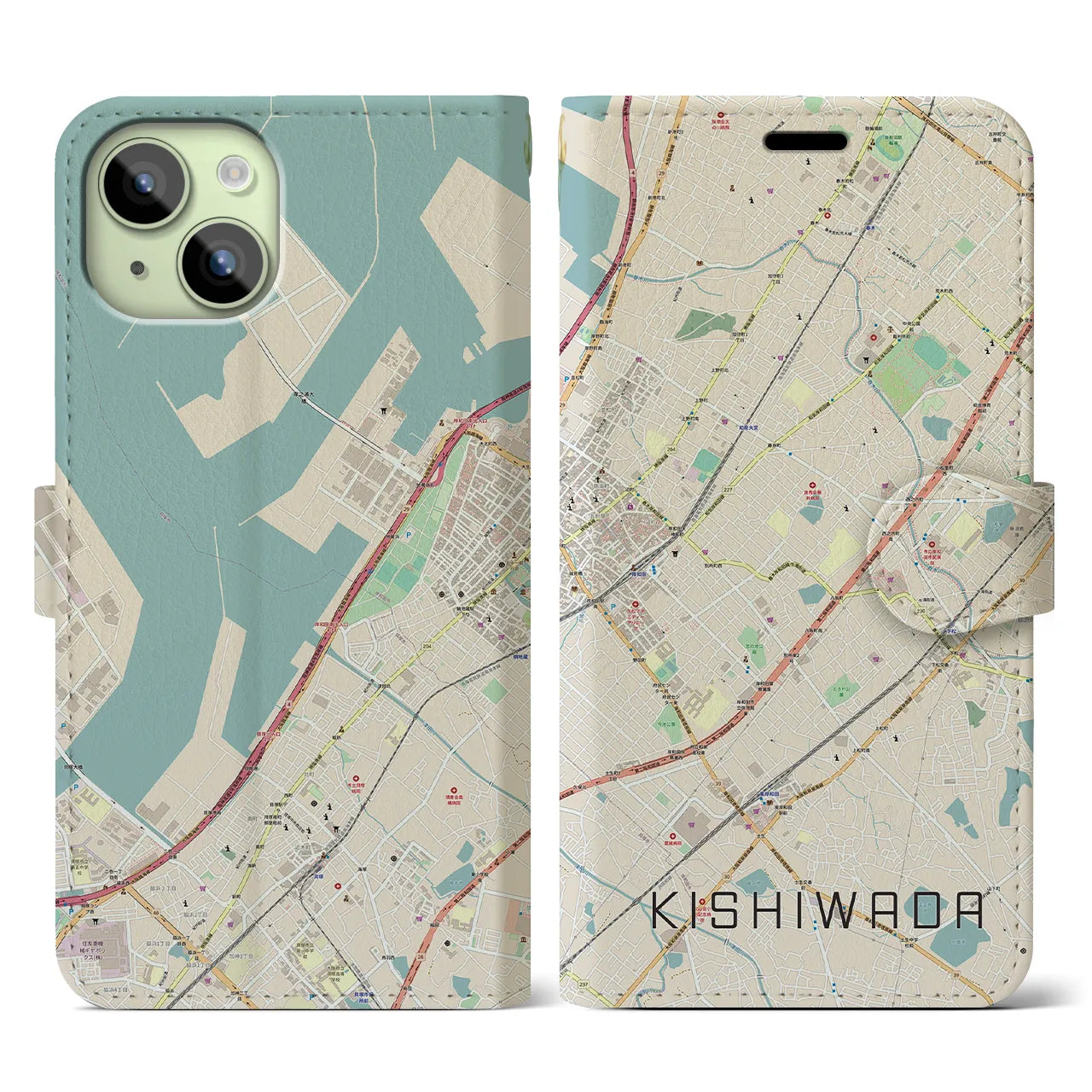 【岸和田(大阪府)】地図柄iPhoneケース(手帳タイプ)ナチュラル・iPhone 15 用