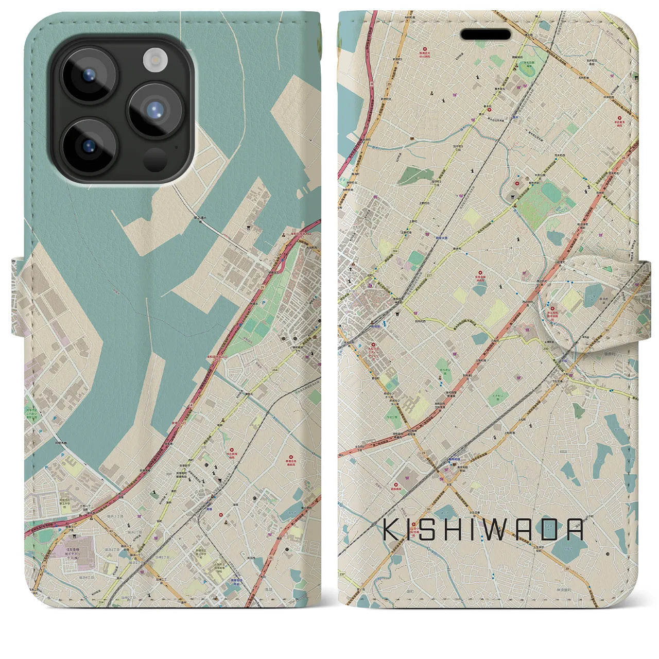 【岸和田(大阪府)】地図柄iPhoneケース(手帳タイプ)ナチュラル・iPhone 15 Pro Max 用