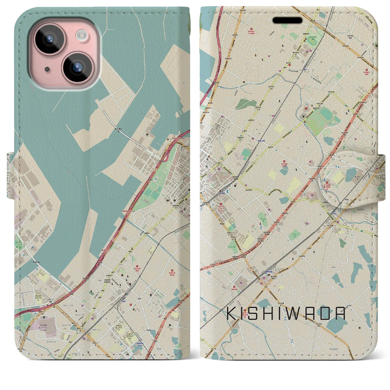【岸和田(大阪府)】地図柄iPhoneケース(手帳タイプ)ナチュラル・iPhone 15 Plus 用