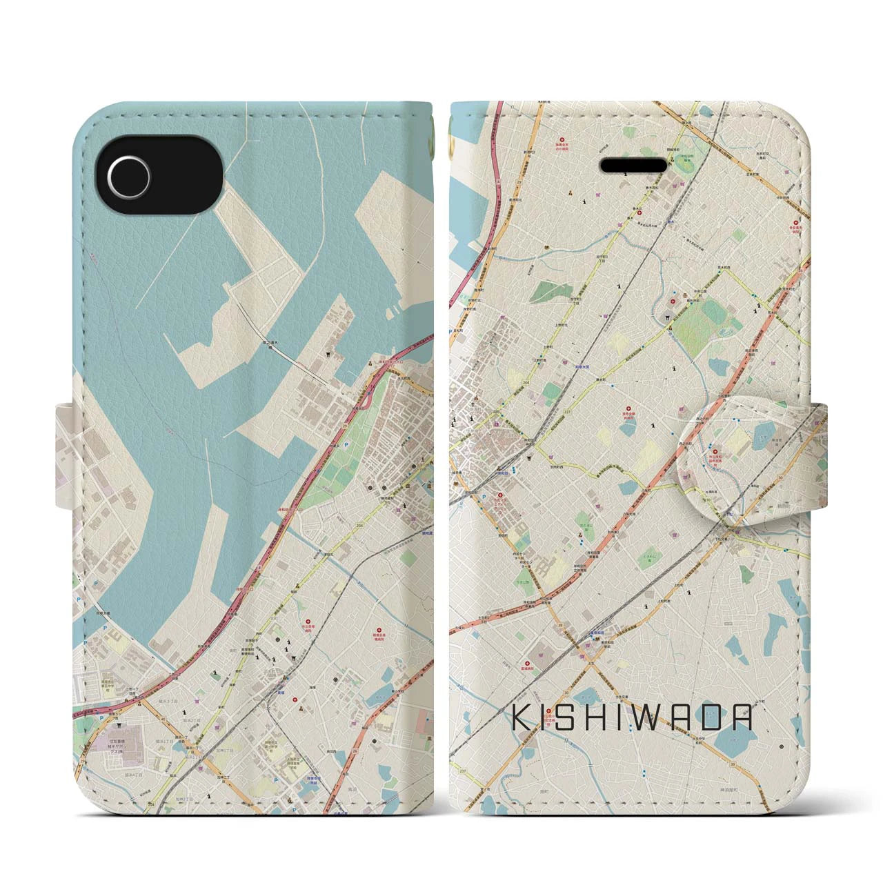 【岸和田(大阪府)】地図柄iPhoneケース(手帳タイプ)ナチュラル・iPhone SE(第3 / 第2世代) / 8 / 7 / 6s / 6 用