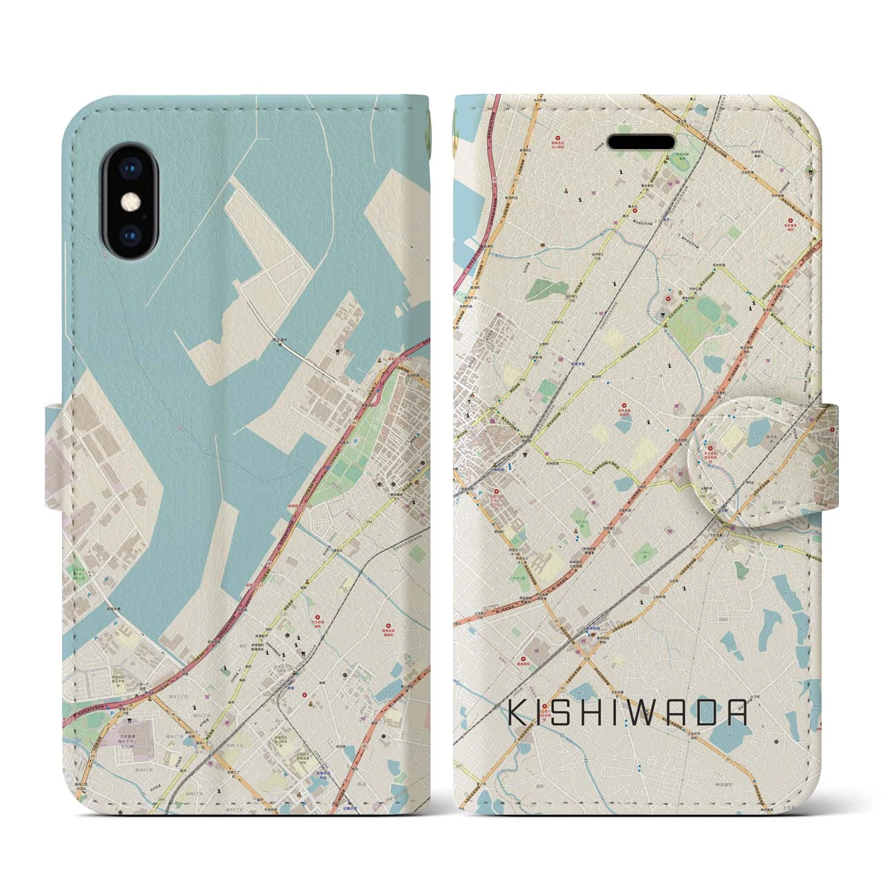 【岸和田(大阪府)】地図柄iPhoneケース(手帳タイプ)ナチュラル・iPhone XS / X 用
