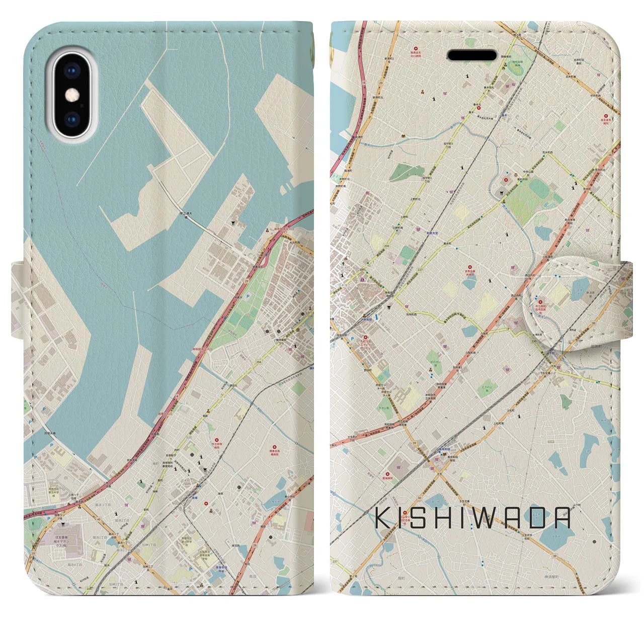 【岸和田(大阪府)】地図柄iPhoneケース(手帳タイプ)ナチュラル・iPhone XS Max 用