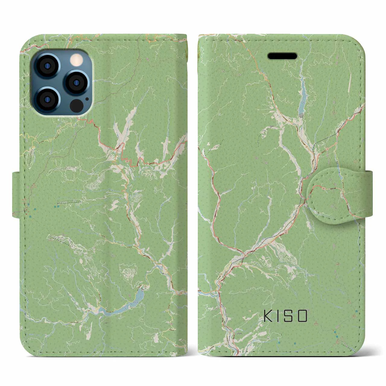 【木曽(長野県)】地図柄iPhoneケース(手帳タイプ)ナチュラル・iPhone 12 / 12 Pro 用