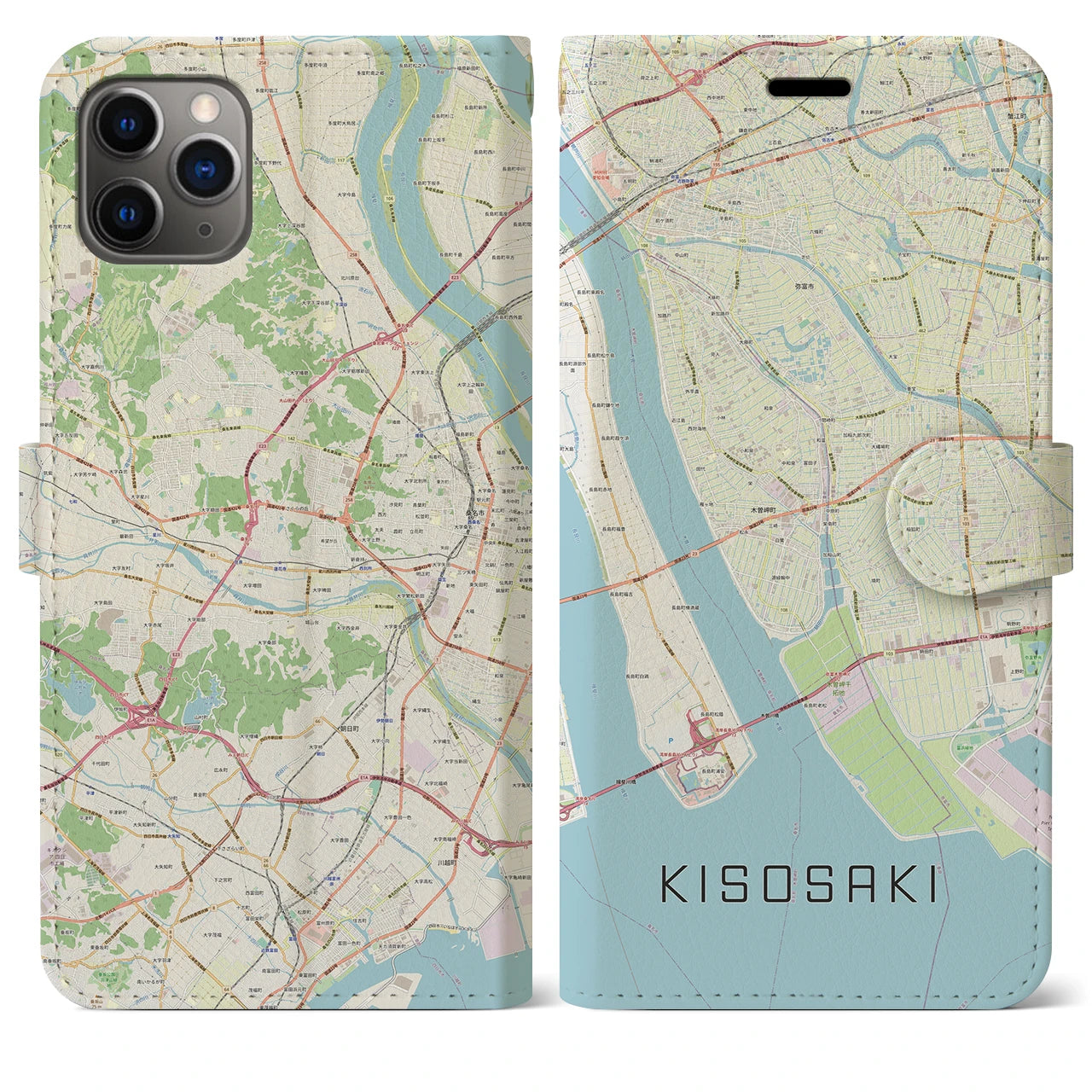 【木曽岬(三重県)】地図柄iPhoneケース(手帳タイプ)ナチュラル・iPhone 11 Pro Max 用