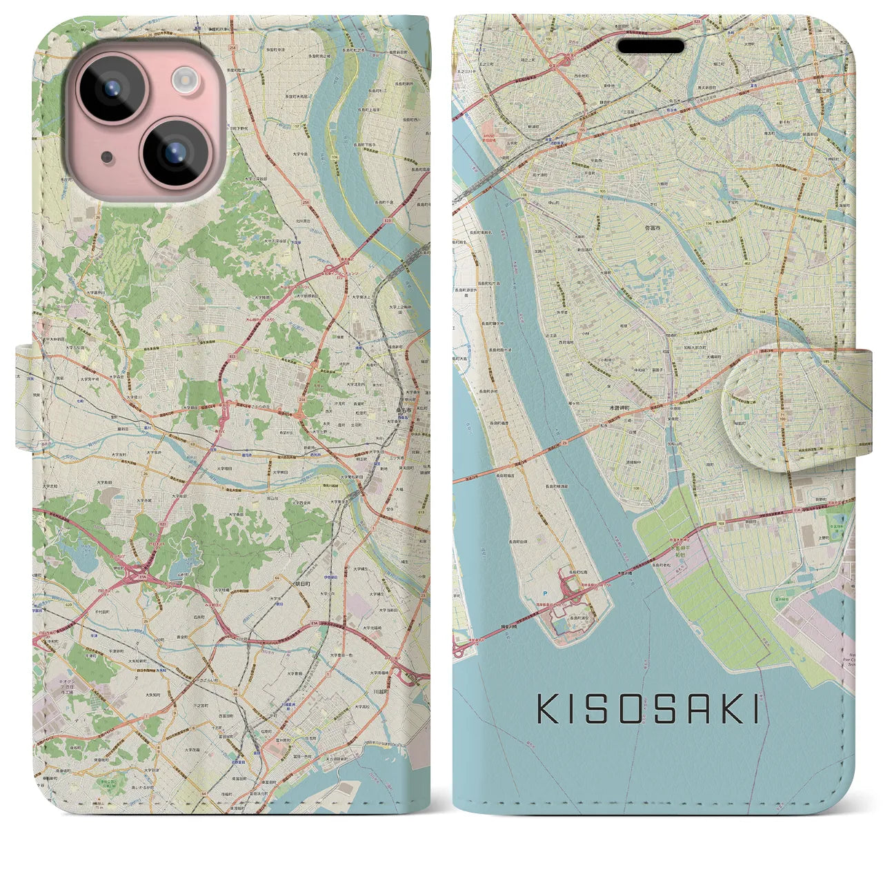 【木曽岬(三重県)】地図柄iPhoneケース(手帳タイプ)ナチュラル・iPhone 15 Plus 用