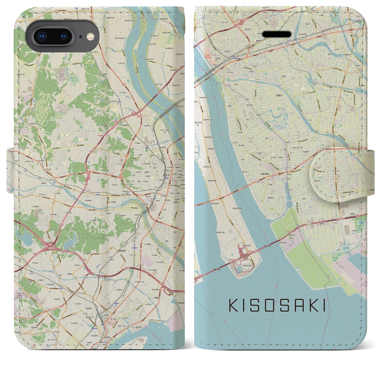 【木曽岬(三重県)】地図柄iPhoneケース(手帳タイプ)ナチュラル・iPhone 8Plus /7Plus / 6sPlus / 6Plus 用
