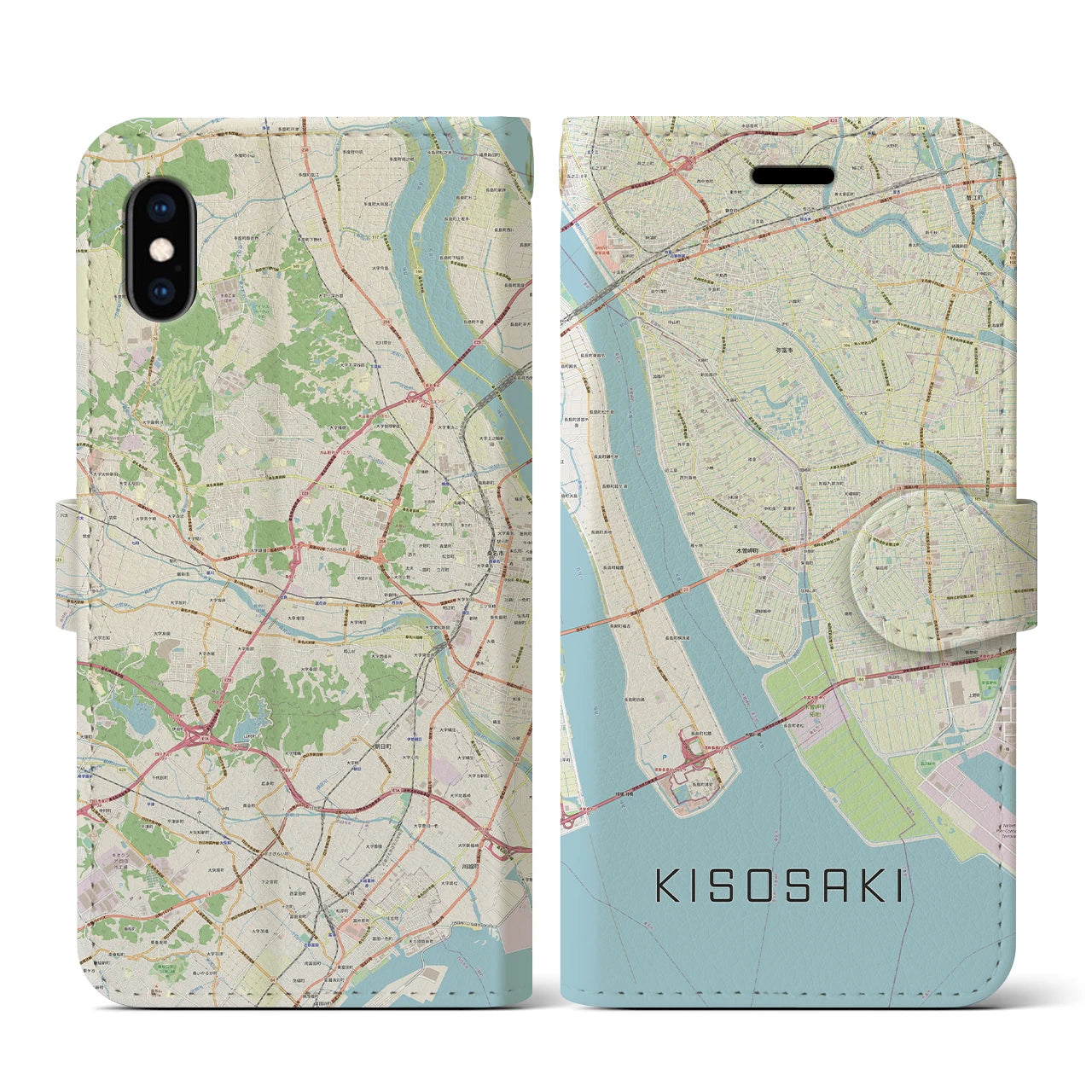 【木曽岬(三重県)】地図柄iPhoneケース(手帳タイプ)ナチュラル・iPhone XS / X 用