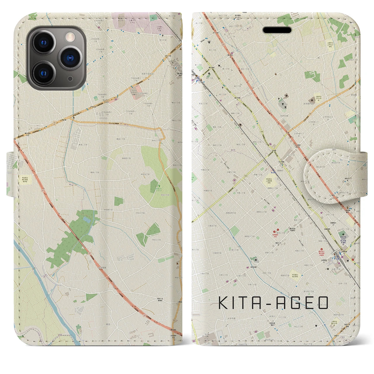 【北上尾(埼玉県)】地図柄iPhoneケース(手帳タイプ)ナチュラル・iPhone 11 Pro Max 用