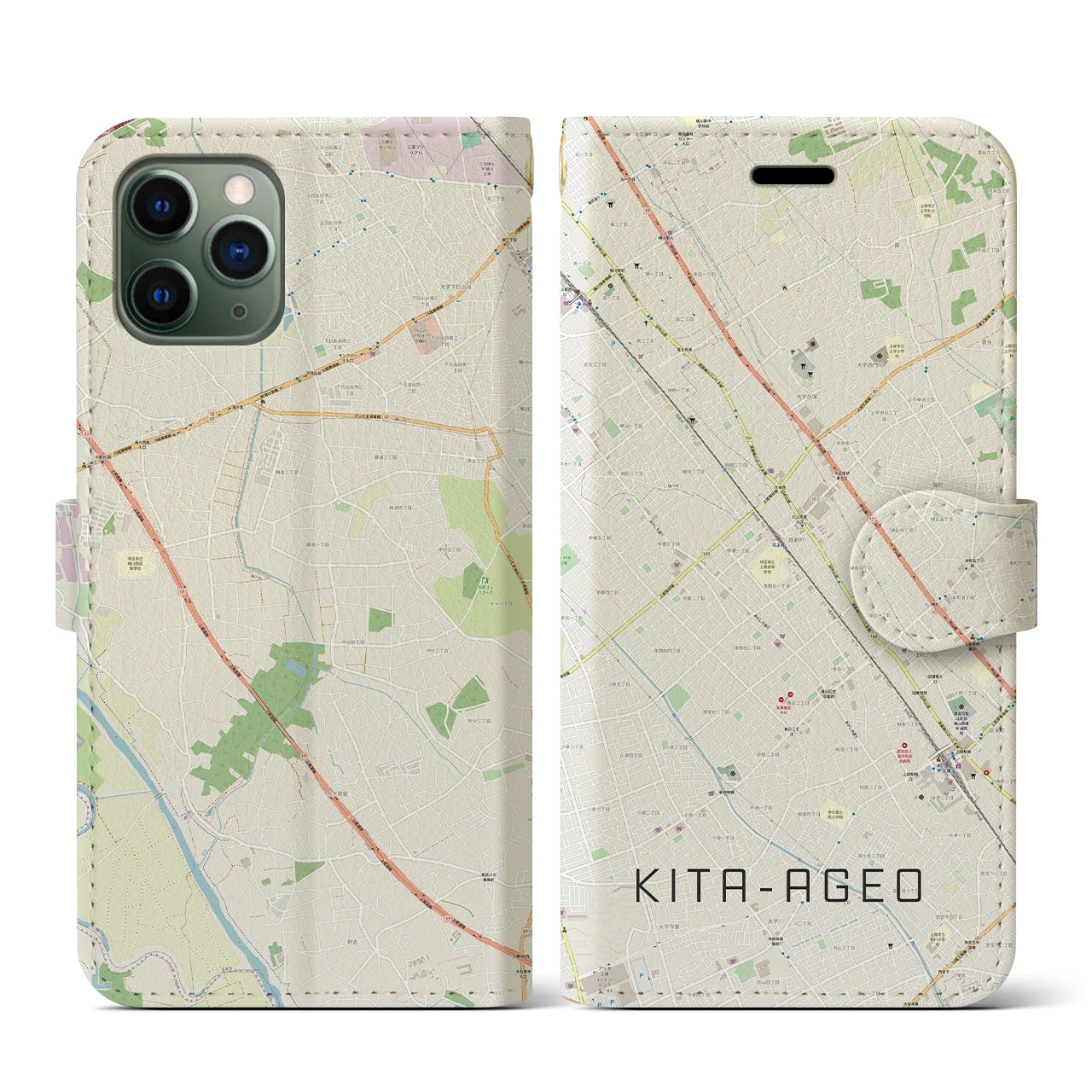【北上尾(埼玉県)】地図柄iPhoneケース(手帳タイプ)ナチュラル・iPhone 11 Pro 用