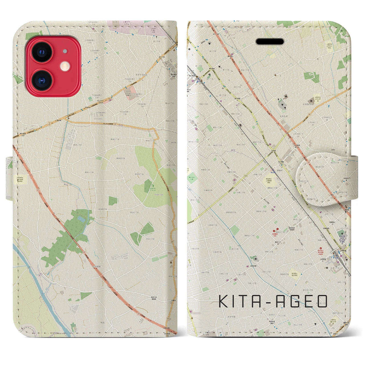【北上尾(埼玉県)】地図柄iPhoneケース(手帳タイプ)ナチュラル・iPhone 11 用