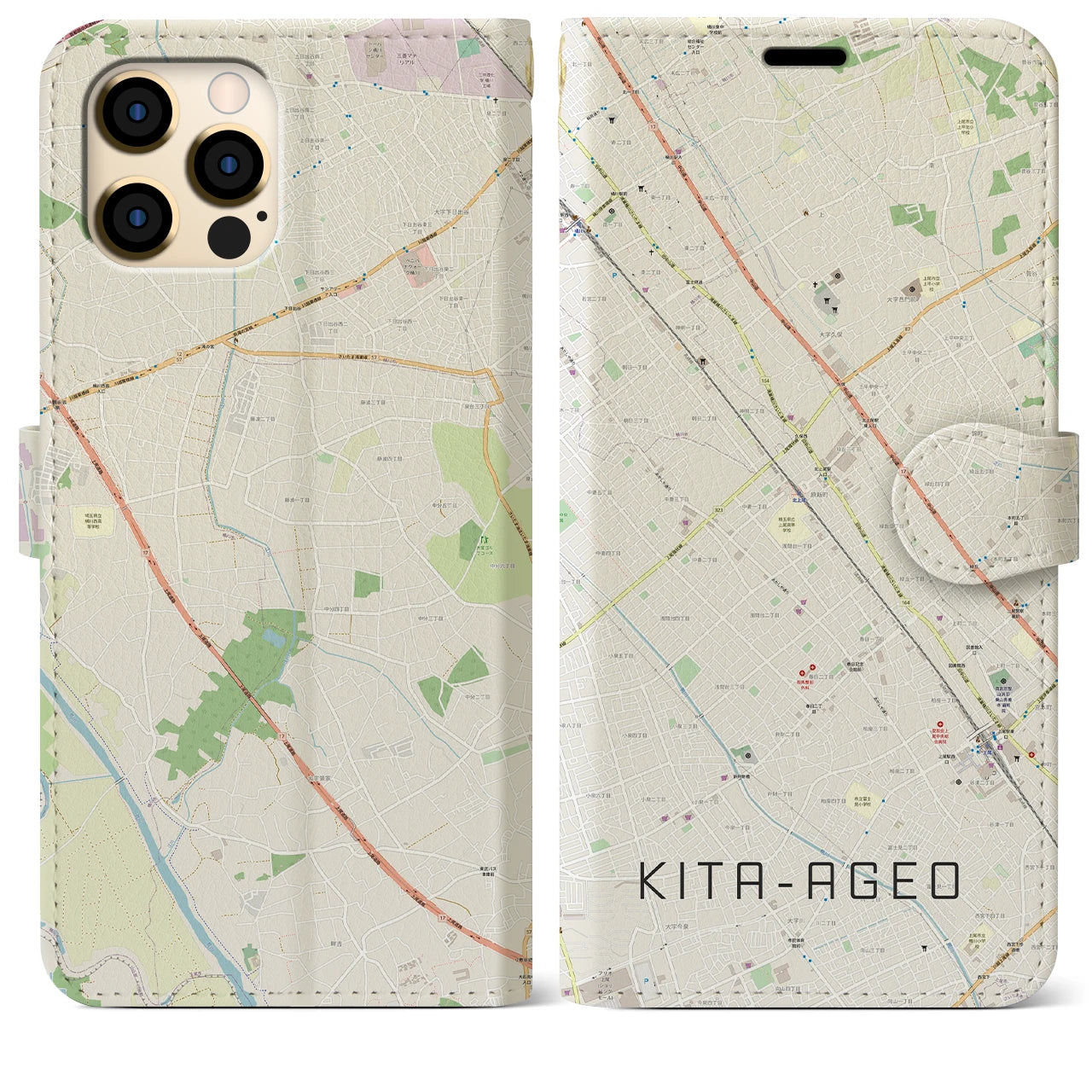 【北上尾(埼玉県)】地図柄iPhoneケース(手帳タイプ)ナチュラル・iPhone 12 Pro Max 用