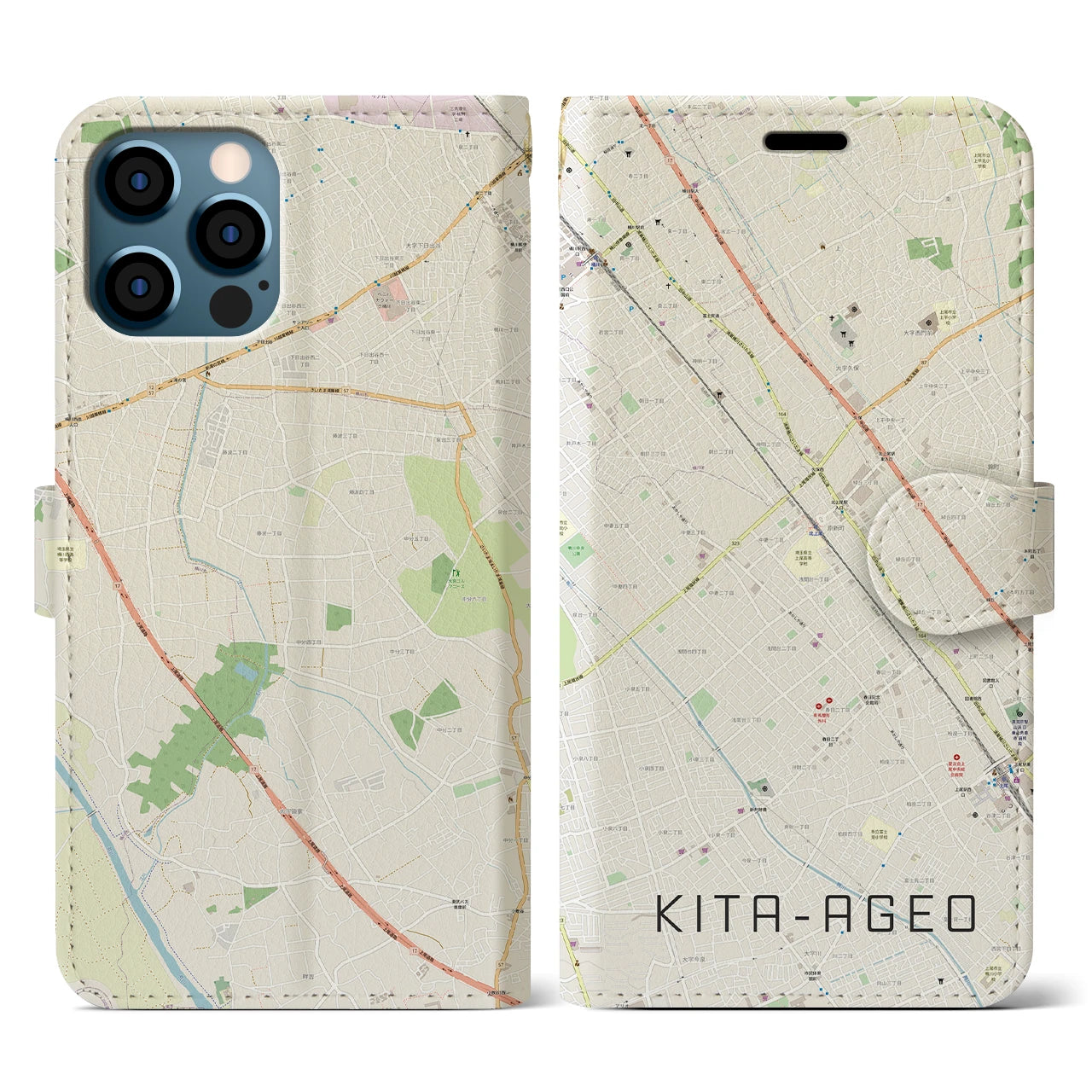 【北上尾(埼玉県)】地図柄iPhoneケース(手帳タイプ)ナチュラル・iPhone 12 / 12 Pro 用
