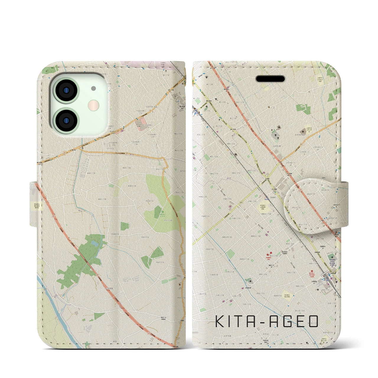 【北上尾(埼玉県)】地図柄iPhoneケース(手帳タイプ)ナチュラル・iPhone 12 mini 用