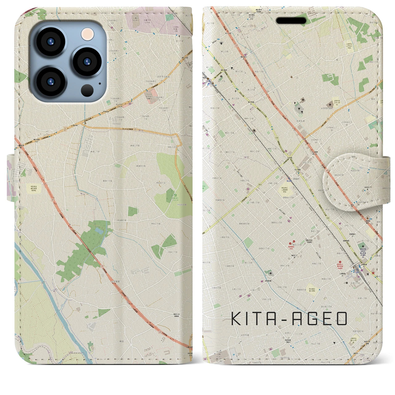 【北上尾(埼玉県)】地図柄iPhoneケース(手帳タイプ)ナチュラル・iPhone 13 Pro Max 用