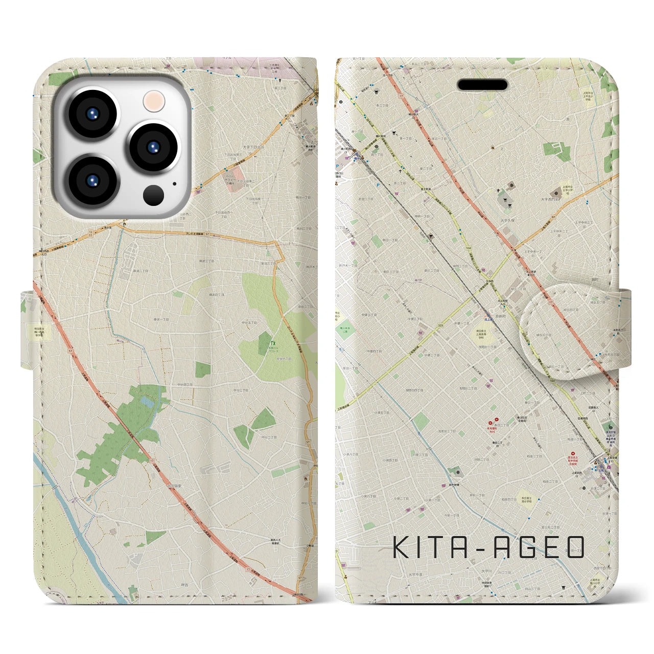 【北上尾(埼玉県)】地図柄iPhoneケース(手帳タイプ)ナチュラル・iPhone 13 Pro 用