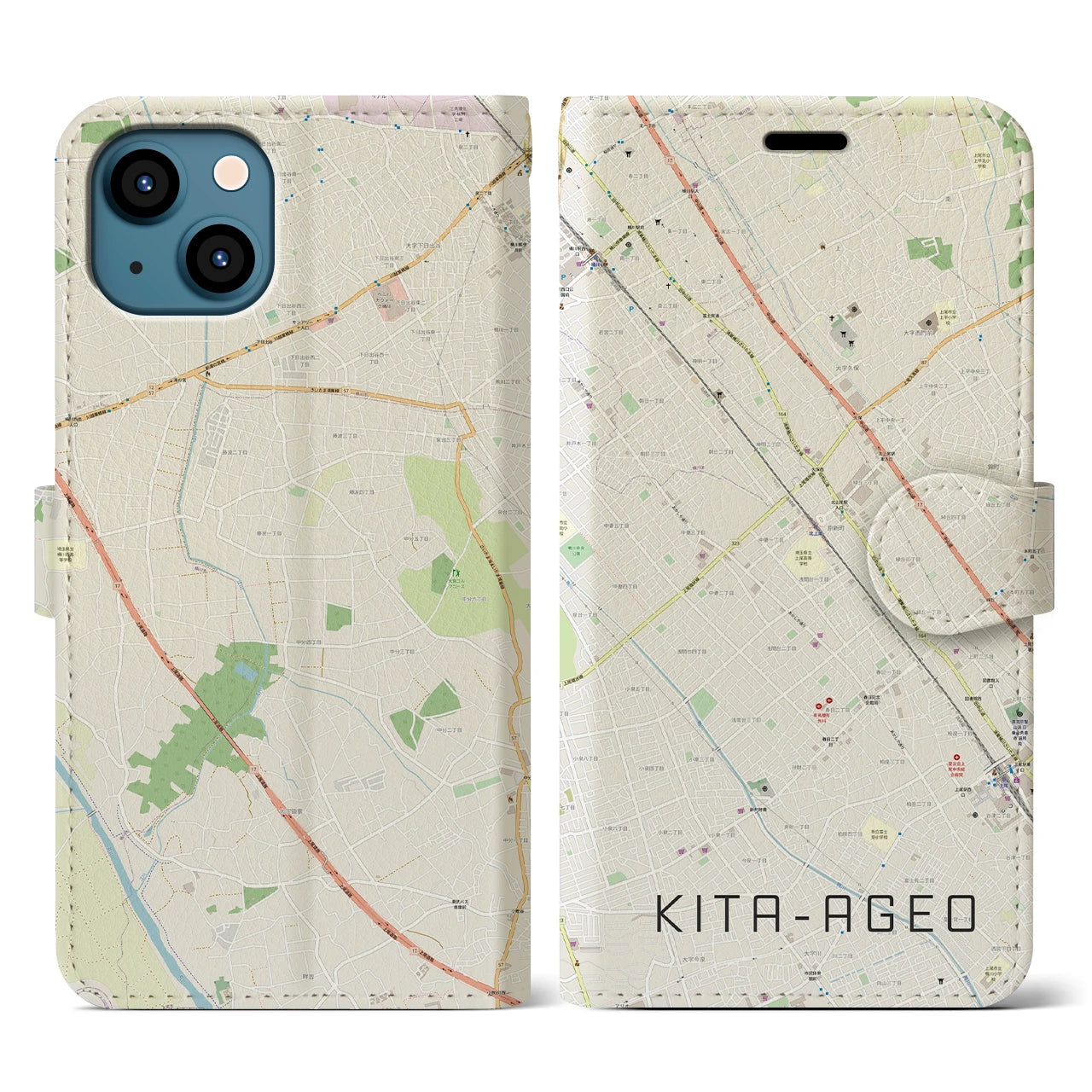 【北上尾(埼玉県)】地図柄iPhoneケース(手帳タイプ)ナチュラル・iPhone 13 用