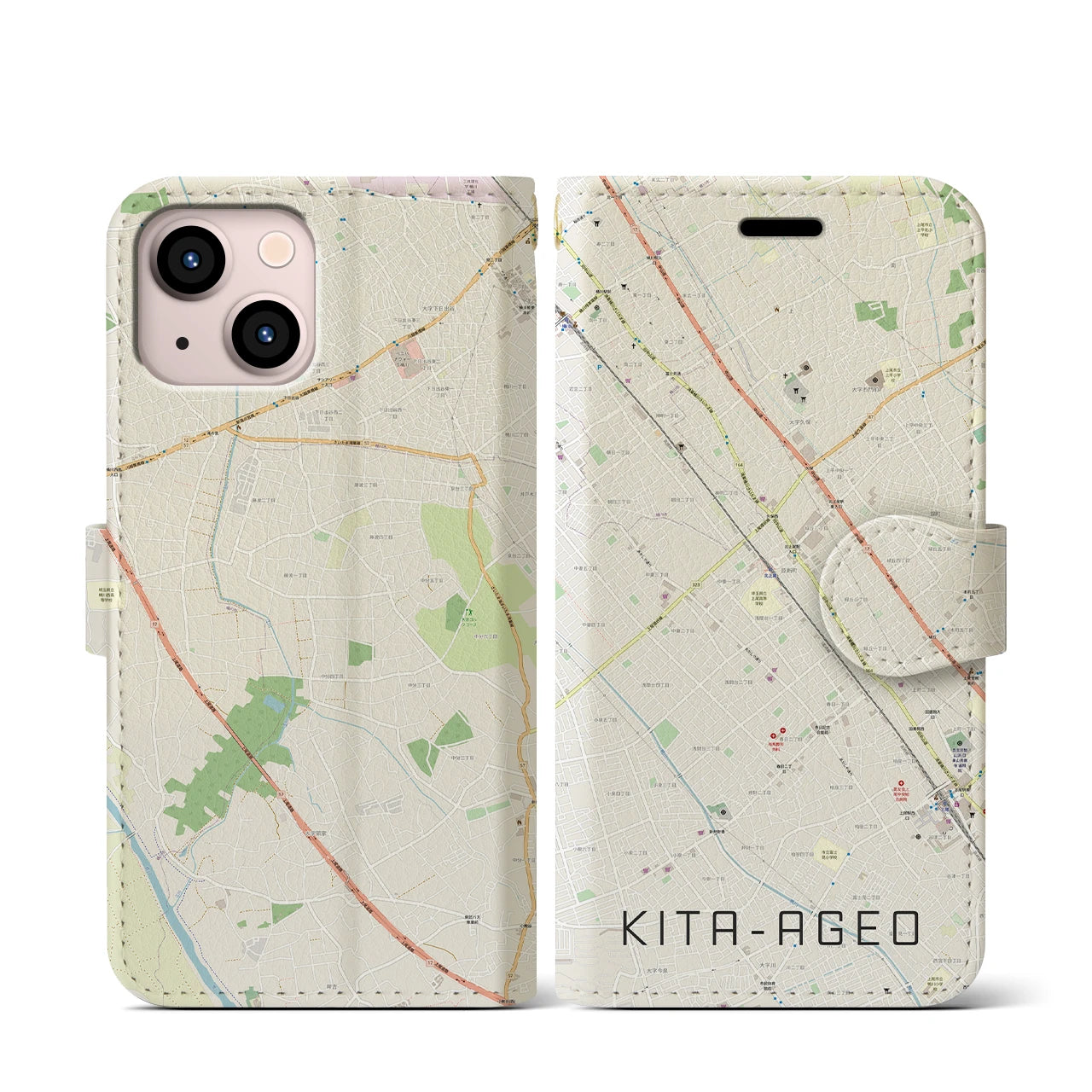 【北上尾(埼玉県)】地図柄iPhoneケース(手帳タイプ)ナチュラル・iPhone 13 mini 用