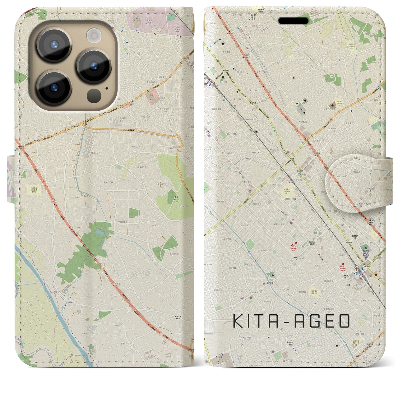 【北上尾(埼玉県)】地図柄iPhoneケース(手帳タイプ)ナチュラル・iPhone 14 Pro Max 用