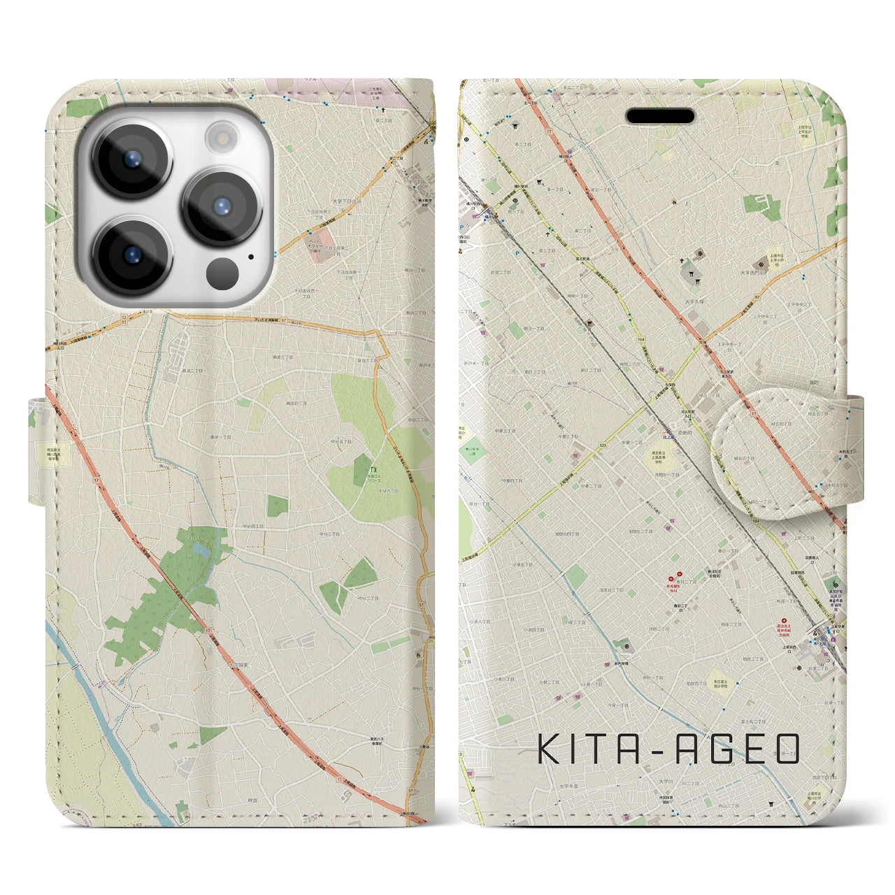 【北上尾(埼玉県)】地図柄iPhoneケース(手帳タイプ)ナチュラル・iPhone 14 Pro 用
