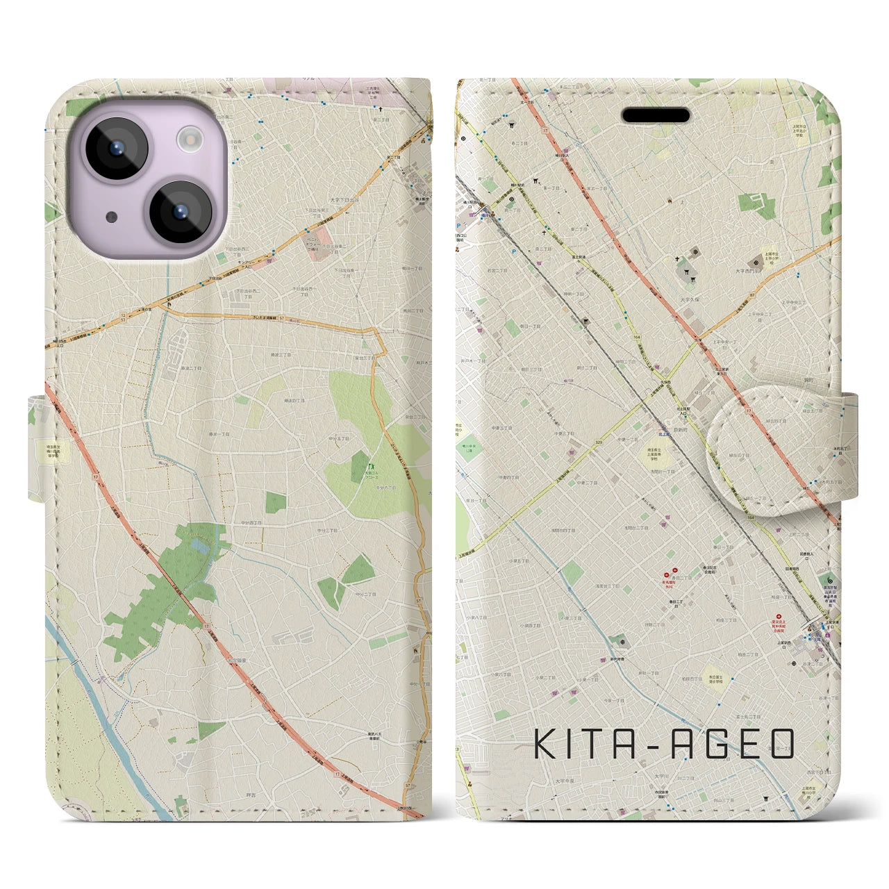 【北上尾(埼玉県)】地図柄iPhoneケース(手帳タイプ)ナチュラル・iPhone 14 用