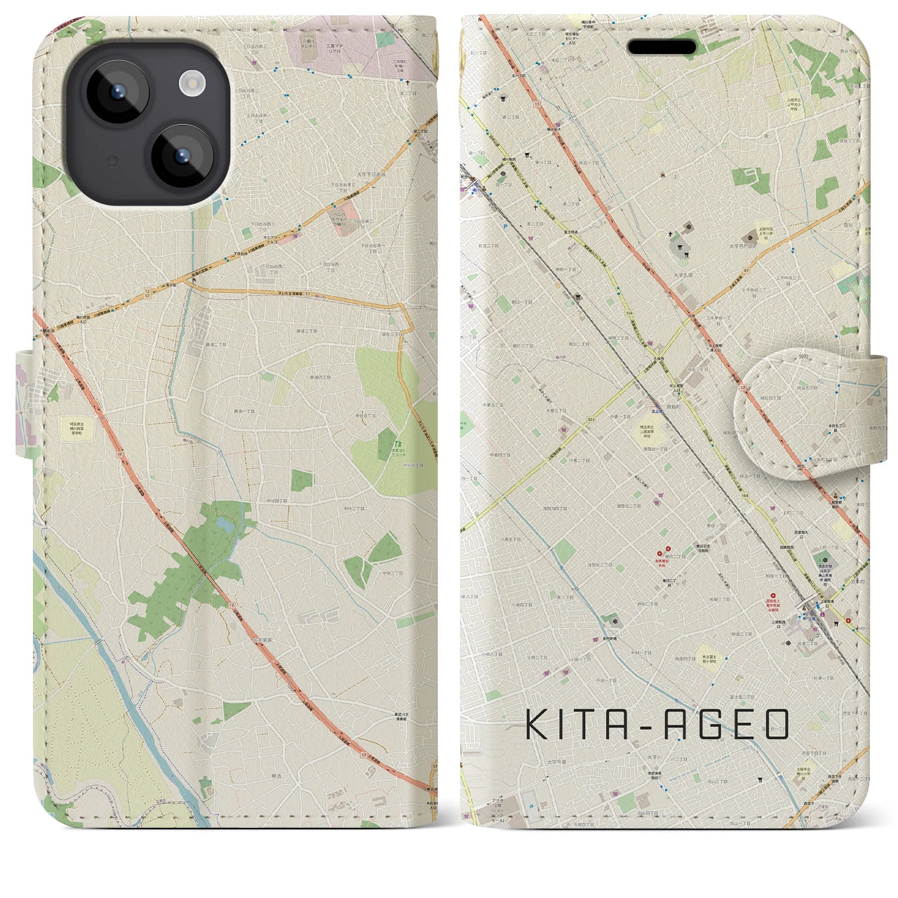 【北上尾(埼玉県)】地図柄iPhoneケース(手帳タイプ)ナチュラル・iPhone 14 Plus 用
