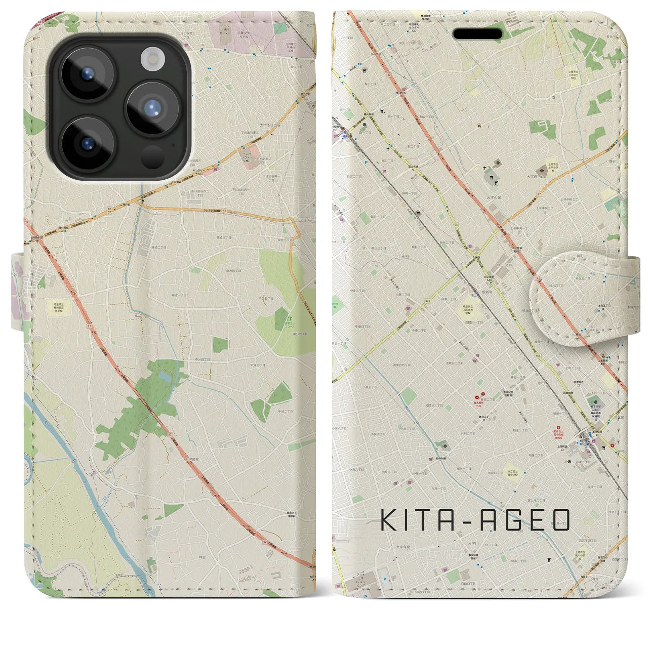 【北上尾(埼玉県)】地図柄iPhoneケース(手帳タイプ)ナチュラル・iPhone 15 Pro Max 用