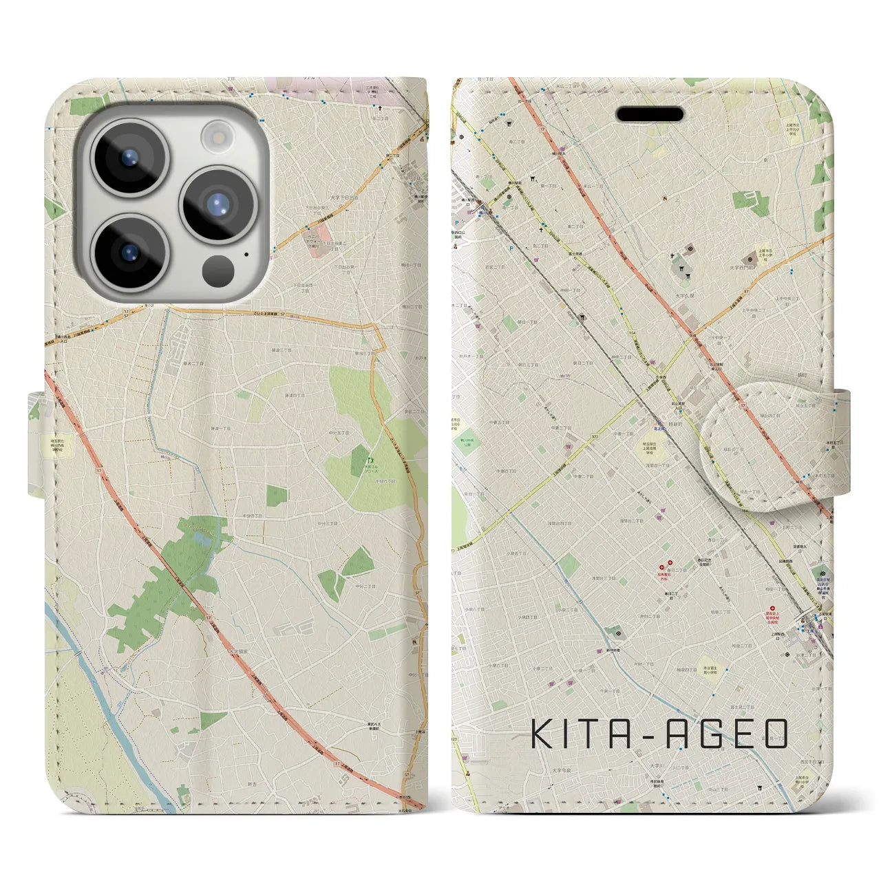 【北上尾(埼玉県)】地図柄iPhoneケース(手帳タイプ)ナチュラル・iPhone 15 Pro 用